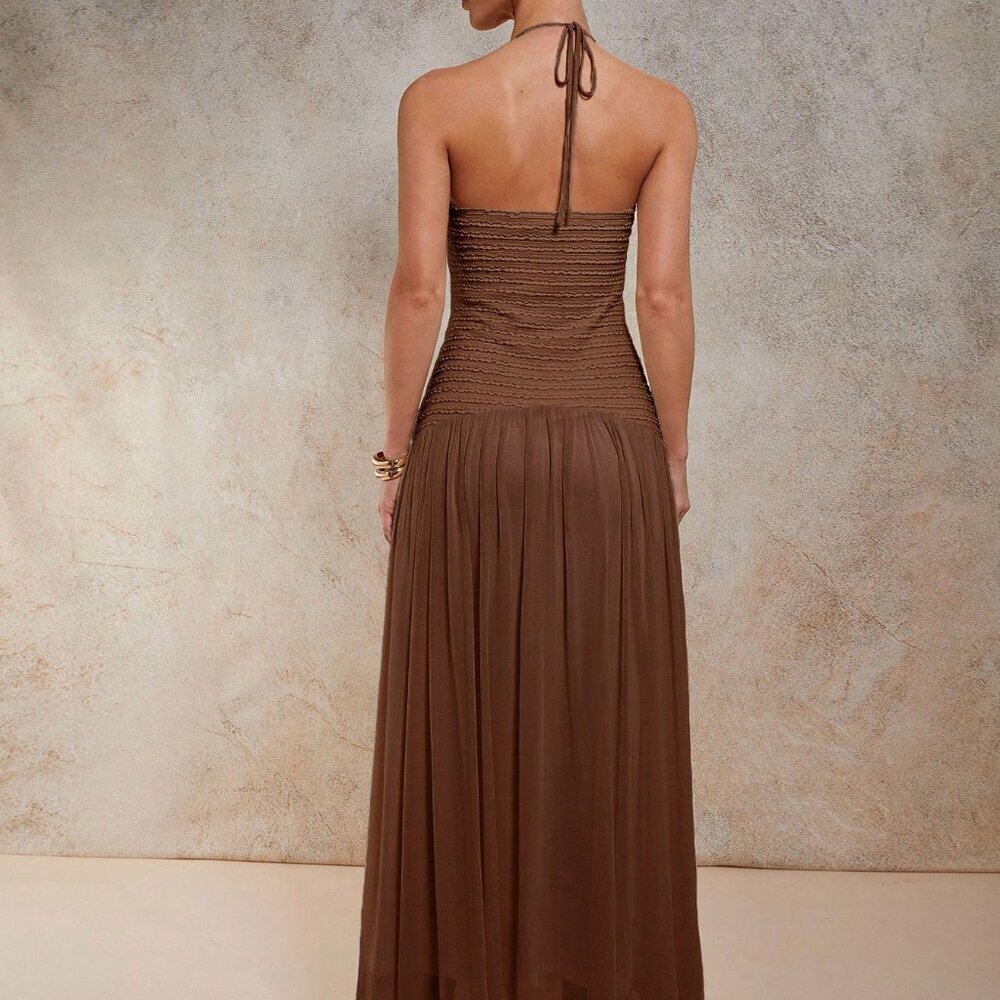 Elegant Brown Women's Sexy Open Back Halter Neck Long Party Dress - Picture 2 of 7